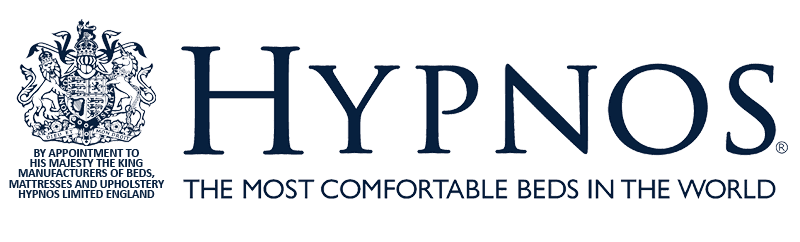 Hypnos logo carrying the Royal Warrant: By Appointment to His Majesty The King, manufacturers of beds, mattresses and upholstery, Hypnos Limited England